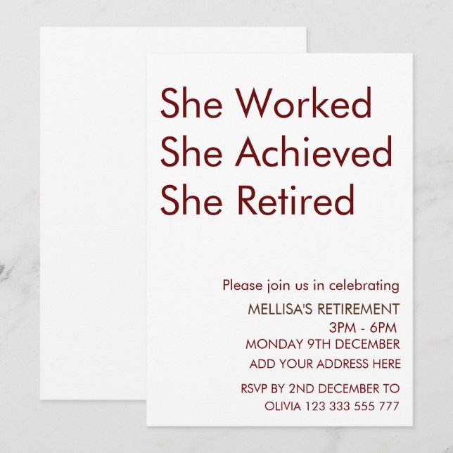 Invitation Elle A Travaillé Elle A Atteint Elle Retraite Fun (Devant / Derrière)