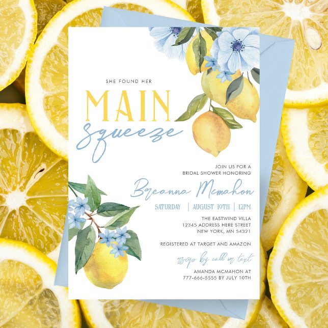 Invitation Elle A Trouvé Sa Principale Fête des mariées De Ci (Stunning Watercolor Lemon She Found Her Main Squeeze Bridal Invites. Featuring Blue Floral Flowers)