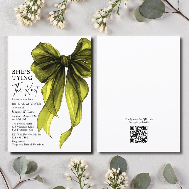 Invitation Elle Attache Le Nœud Code QR Baby Shower de Mariée (Créateur téléchargé)
