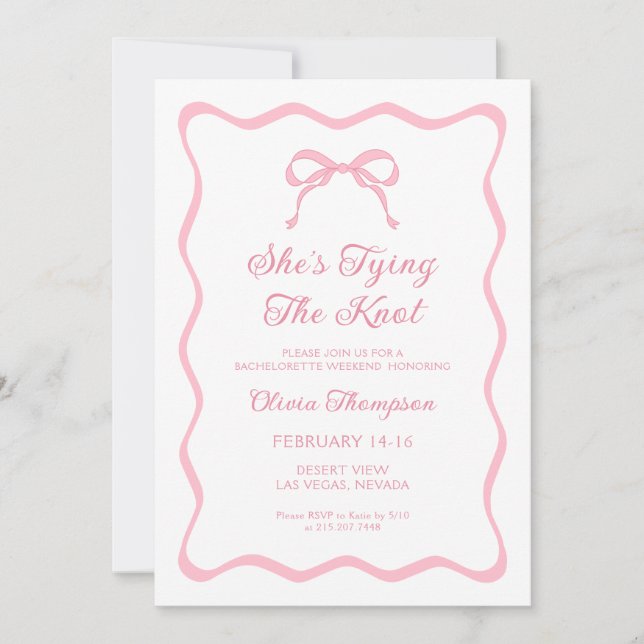 Invitation Elle Attache le Nœud Rose Fête de Bachelorette (Devant)