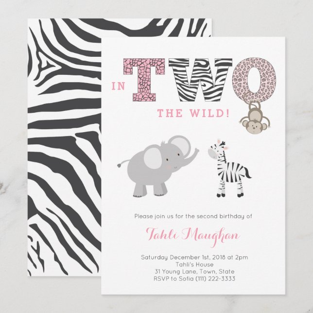 Invitation Elle est DEUX Wild Safari 2e fête d'anniversaire p (Devant / Derrière)