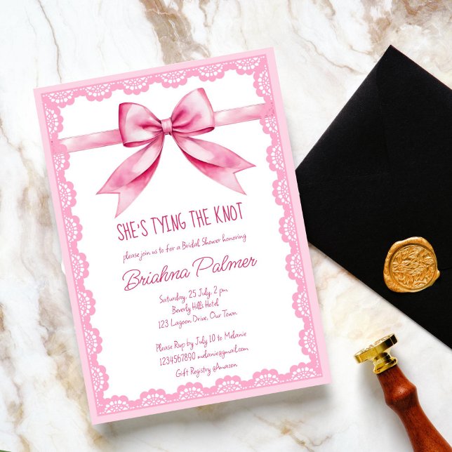 Invitation Elle est en train de nouer la douche de nage à arc (She's tying the knot pink retro bow bridal shower editable template invitation digital download)