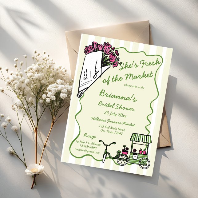 Invitation Elle est fraîche de la douche nuptiale du marché (She's fresh of the market bridal shower invitation card template handrawn wavy border sketch flowers)