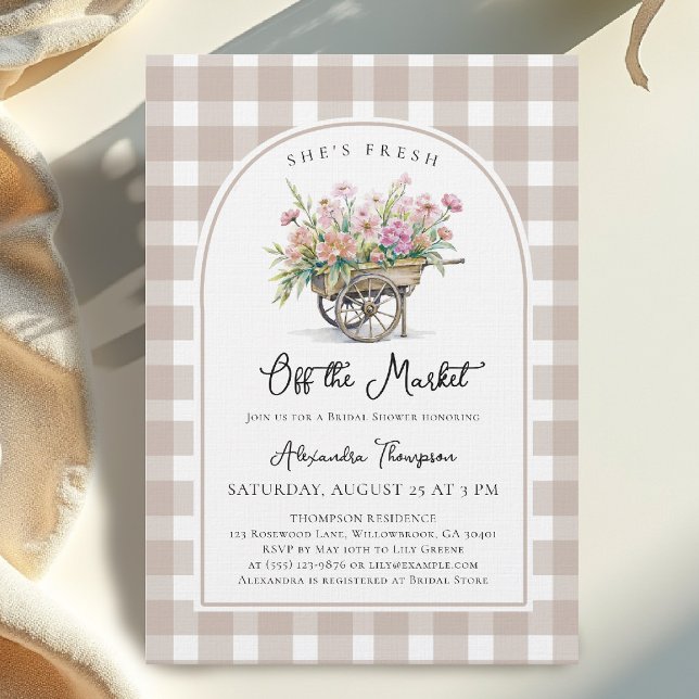 Invitation Elle est hors du marché Chariot Gingham Enterremen (shes fresh off the market bridal shower theme flower cart floral elegant rustic pretty calligraphy)