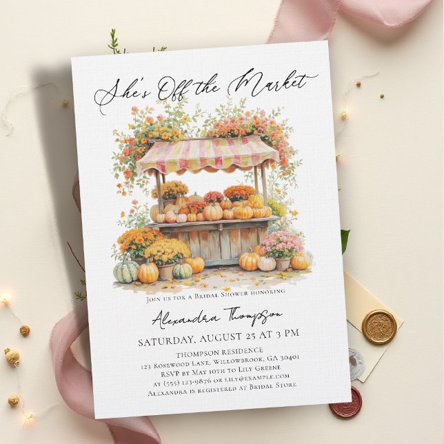 Invitation Elle est hors du marché Fête de mariage d'automne  (off the market bridal shower invitation fall autumn harvest pumpkin floral watercolor calligraphy)