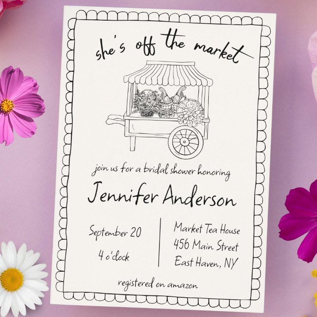Invitation "Elle est hors du marché" Fête des mariées tirée à (she's off the market farmers market theme bridal shower hand drawn quirky doodle handwritten wedding)