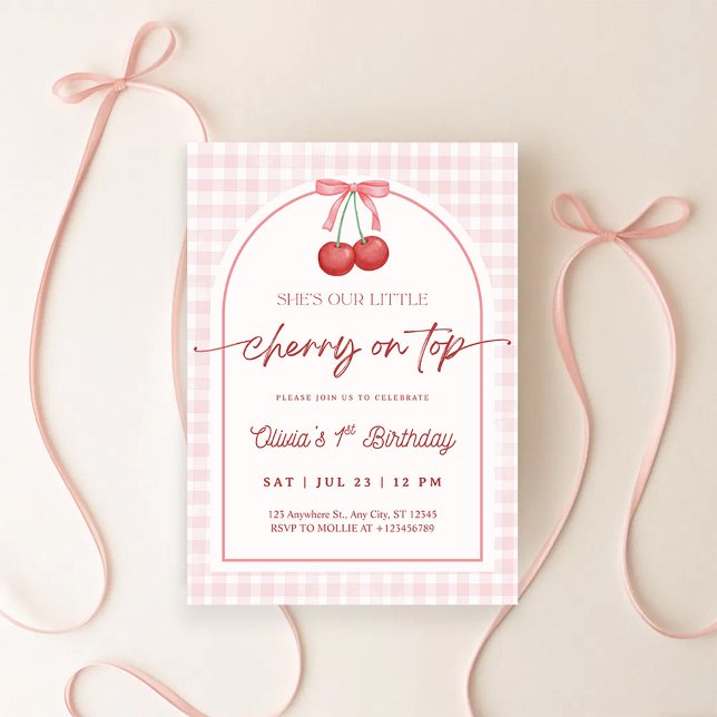Invitation Elle est la cerise sur le gâteau Gingham pour son  (Créateur téléchargé)
