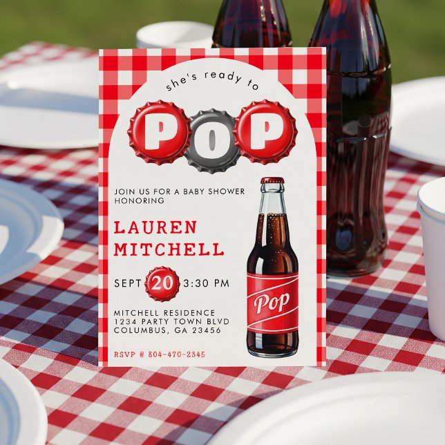 Invitation Elle est prête à pop de soda de Baby shower rouge (She's Ready To Pop Soda Plaid Red Baby Shower Invitation
)