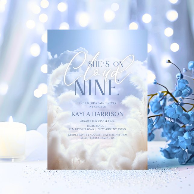 Invitation Elle est sur Cloud Neuf Baby shower Pampas 9 (She's On Cloud Nine 9 Pampas Baby Shower Invitation)