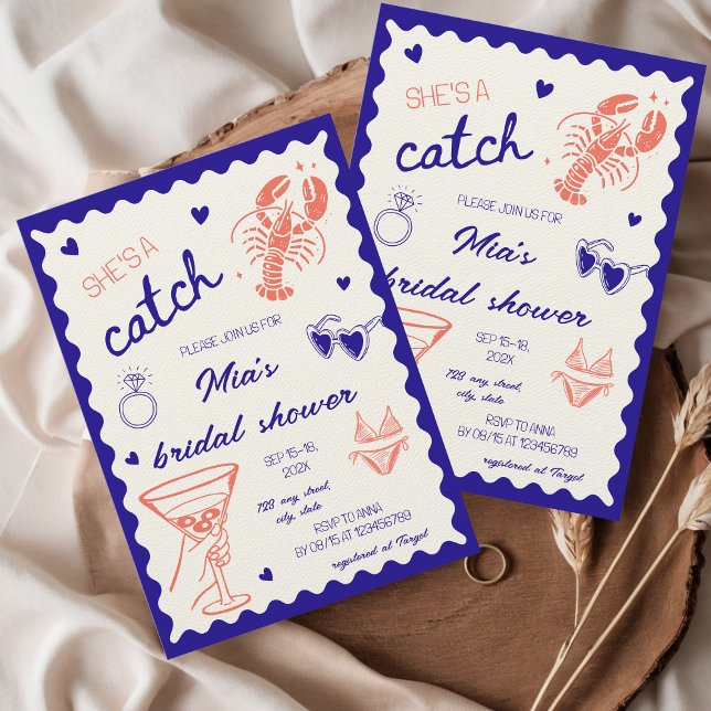 Invitation Elle est un trésor Réception de Mariage en Mer ave (She's a catch lobster bridal shower invitation hand drawn unique whimsical coastal nautical beach)
