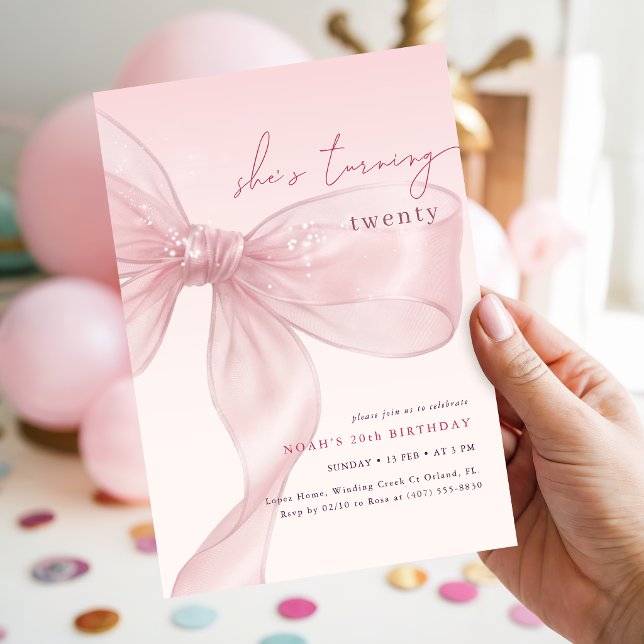 Invitation Elle fête ses vingt ans Blush Bow Anniversaire (Créateur téléchargé)