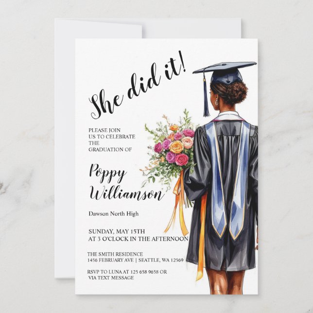 Invitation Elle L'A Fait Aquarelle Graduation (Devant)