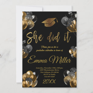 Invitation Elle l'a fait - Black and Gold Balloons Graduation