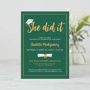 Invitation Elle L'A Fait Casquette Grad Green Graduation Part