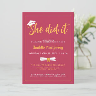 Invitation Elle L'A Fait Casquette Grad Magenta Graduation Pa