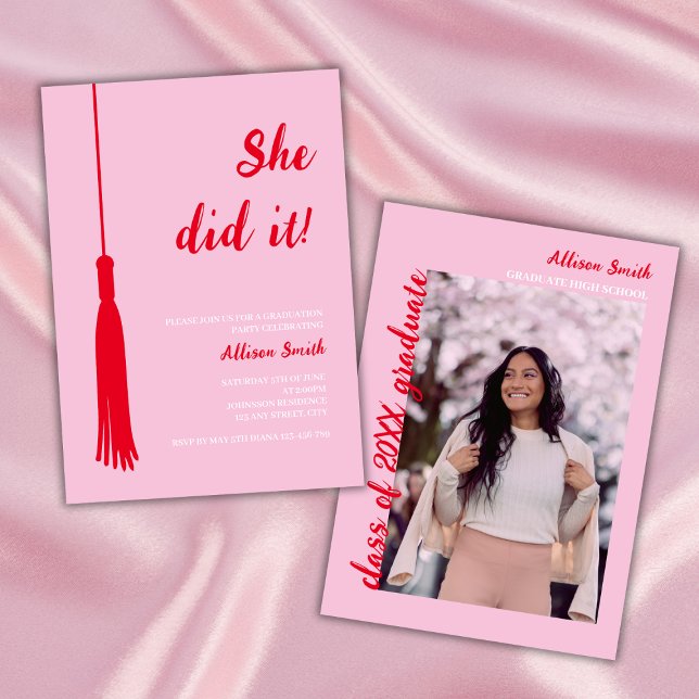 Invitation Elle L'A Fait Feminine Red & Pink Photo Graduation (graduation party invitation class of 2024 photo trendy chic feminine bold red and pink grad tassel)