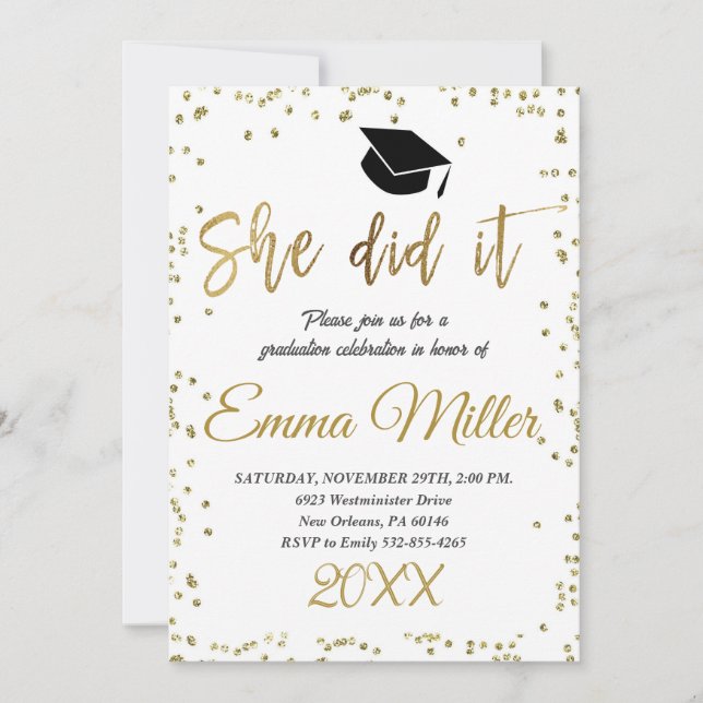 Invitation Elle L'A Fait Gold Graduation Party (Devant)