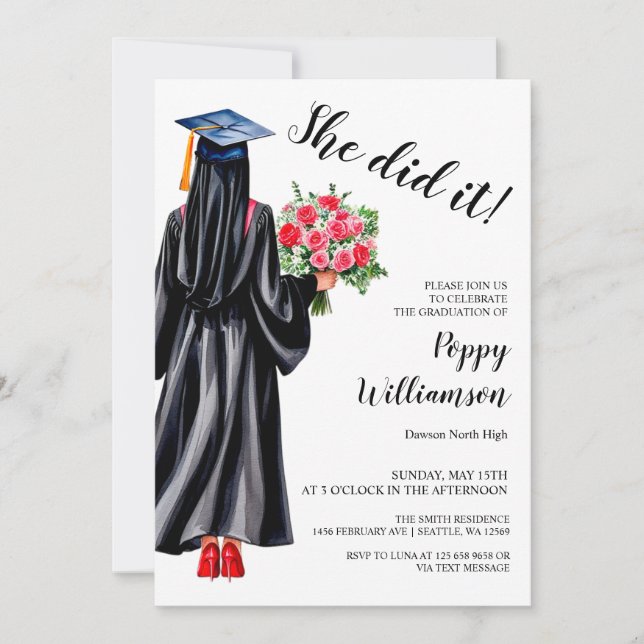 Invitation Elle L'A Fait Musulmane Hijab Aquarelle Graduation (Devant)