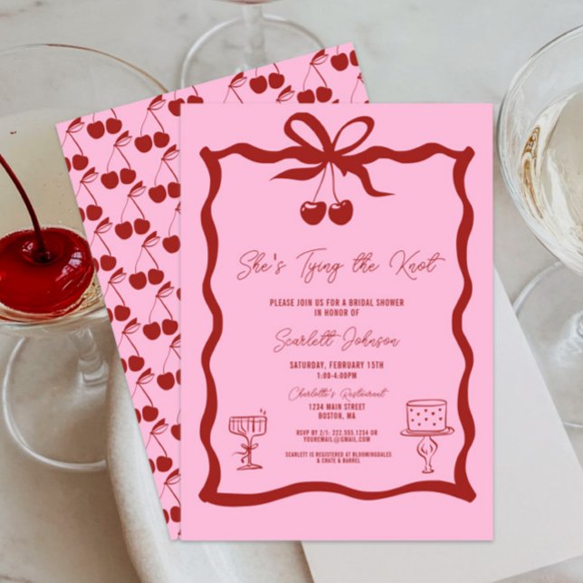 Invitation Elle noue la Fête des mariées rouge cerise de la b (Pink and Cherry Red She's Tying the Knot Bow Bridal Shower Invitations, Chic Trendy, Wavy, Cherries)