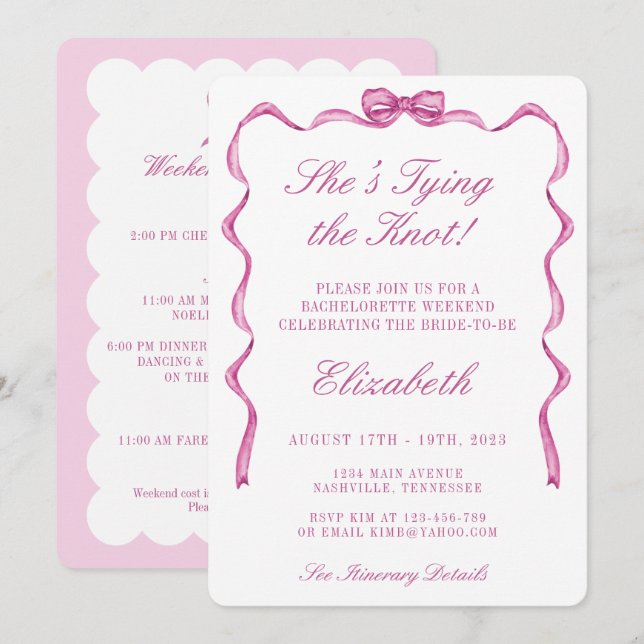 Invitation Elle Noue la Robe Rose Bow Fête de Bachelorette (Devant / Derrière)
