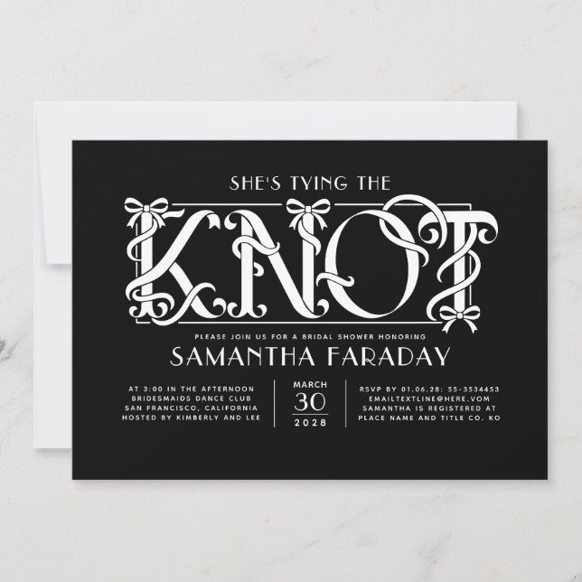 Invitation Elle Noue Le Nœud Blanc Mariage Noir (Devant)
