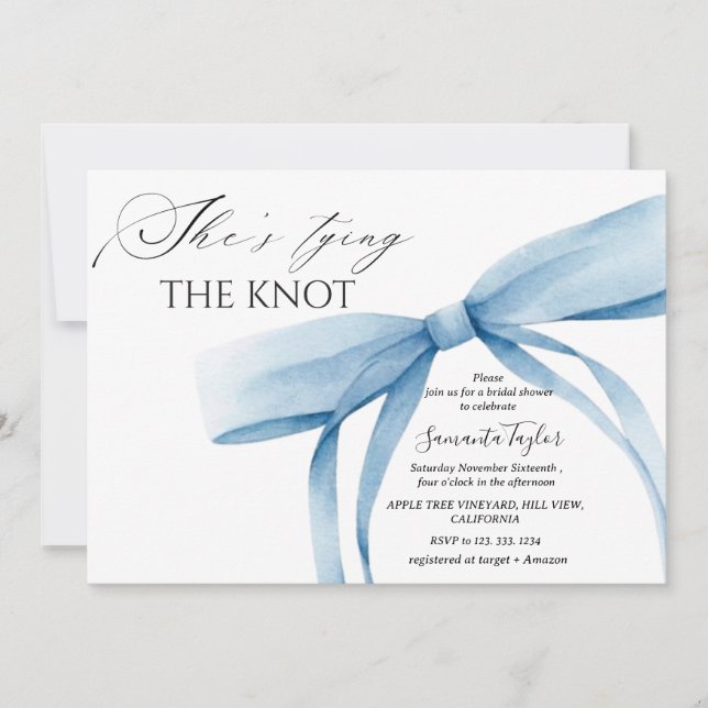 Invitation Elle Noue le Nœud Bleu Ruban Mariage (Devant)