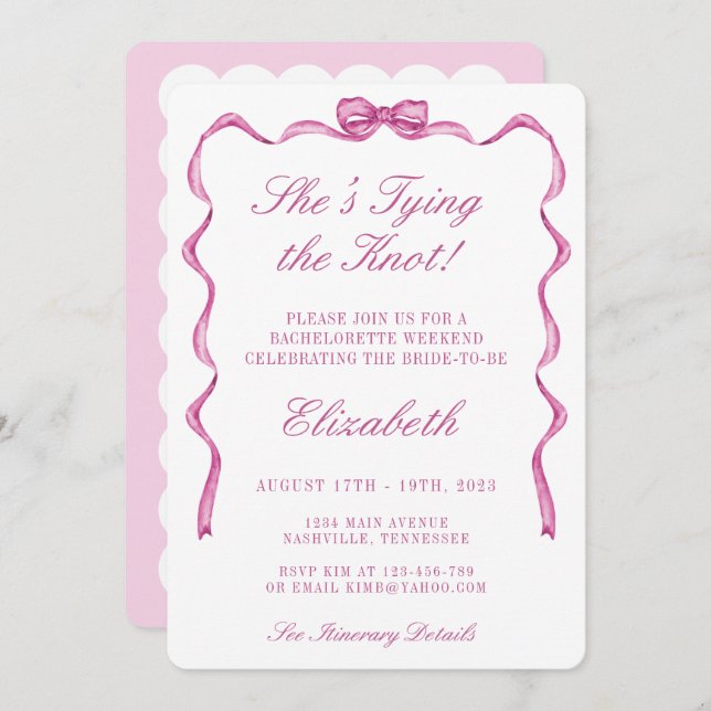 Invitation Elle Noue le Nœud Fête de Bachelorette Rose (Devant / Derrière)