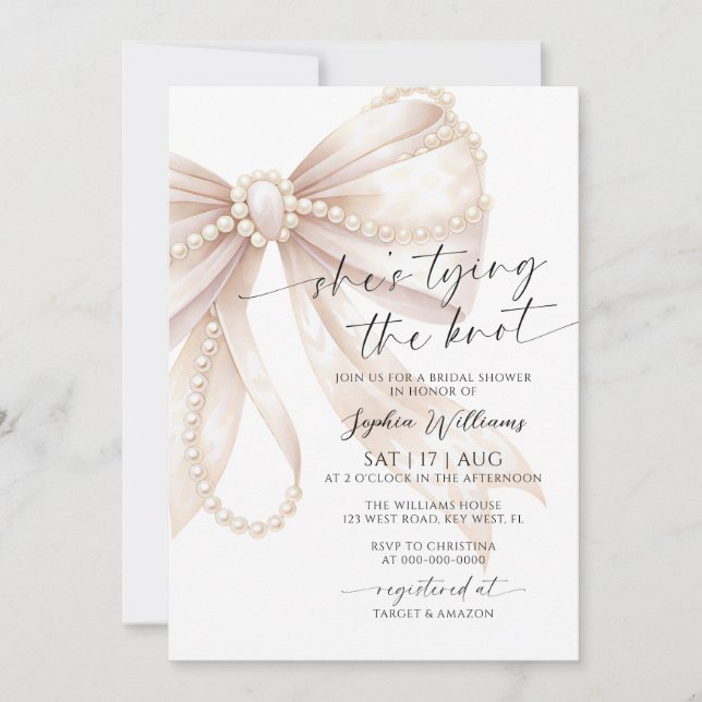 Invitation Elle Noue le Nœud Pearl Bow Réception de Mariage (Devant)