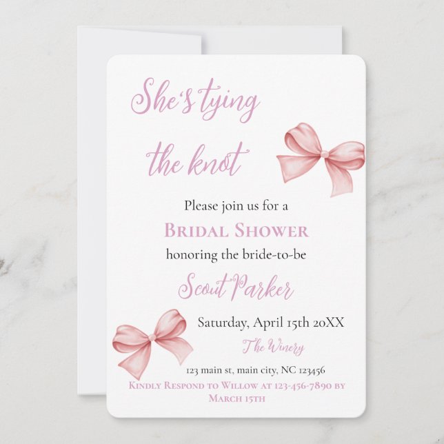 Invitation Elle noue le nœud Rose Bow Enterrement de vie de j (Devant)