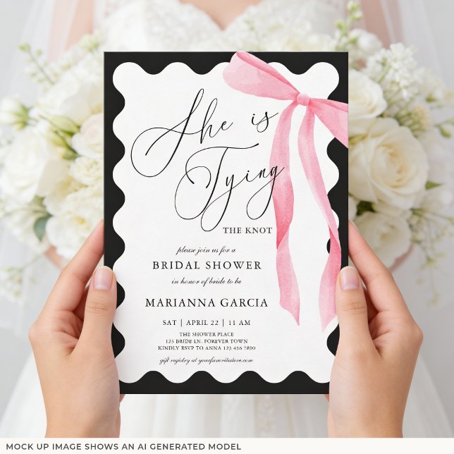 Invitation Elle noue le nœud Rose Bow Shower de mariage (Front of the invite shown in 5 x 7 inches, choose size, paper, and corner style.)