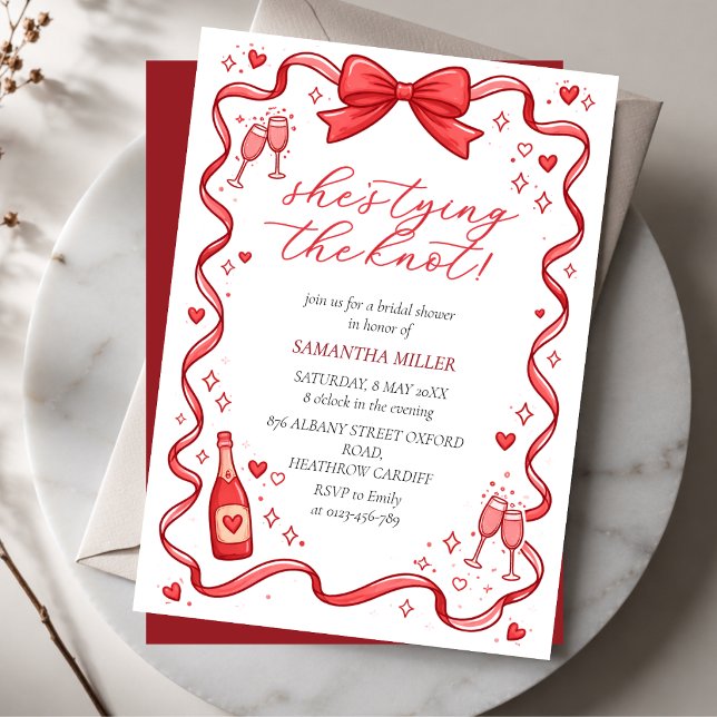 Invitation Elle Noue Le Nœud Rouge Bow Réception De Mariage  (Créateur téléchargé)