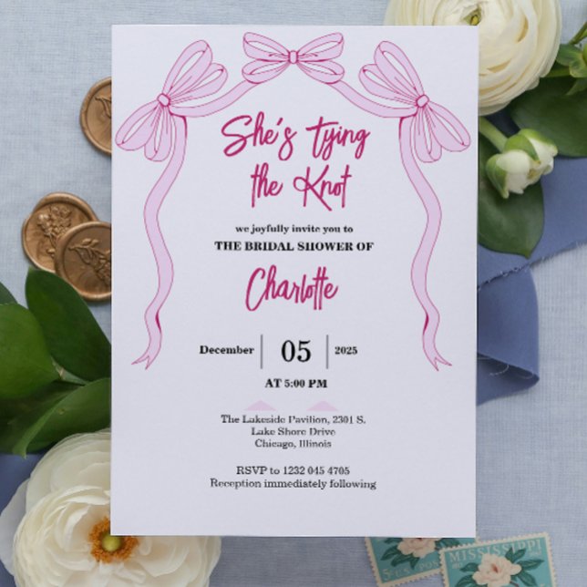 Invitation Elle Noue le Nœud Simple Rose Simple Fête de Maria (she's tying the knot minimalist pink bow coquette bow bridal shower simple hand drawn)