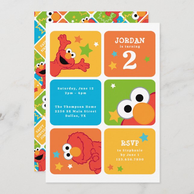 Invitation Elmo Color Block Birthday Party (Devant / Derrière)