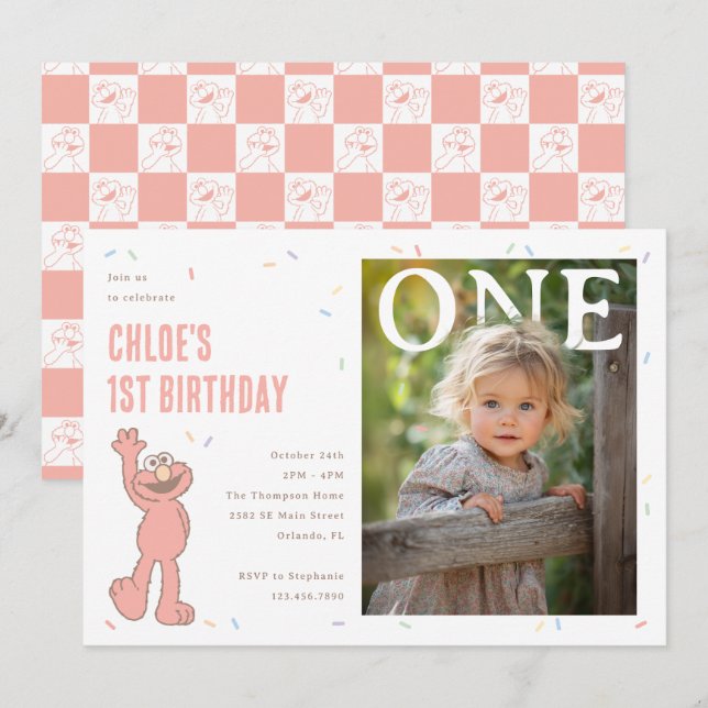 Invitation Elmo Pink Confetti 1st Birthday Celebration (Devant / Derrière)