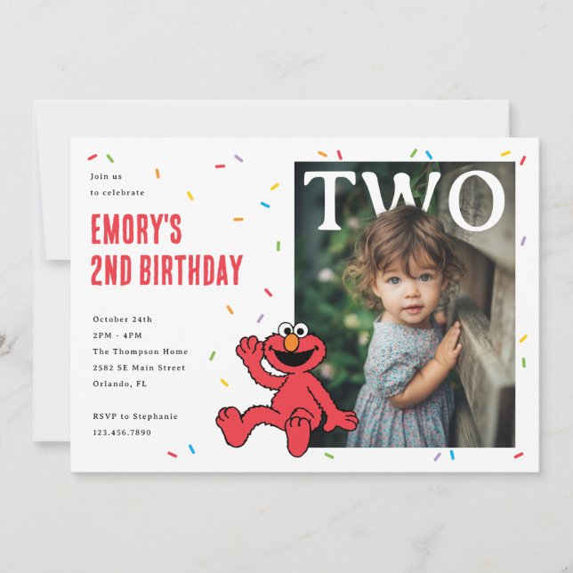 Invitation Elmo Rouge Confettis Deuxième Anniversaire (Devant)