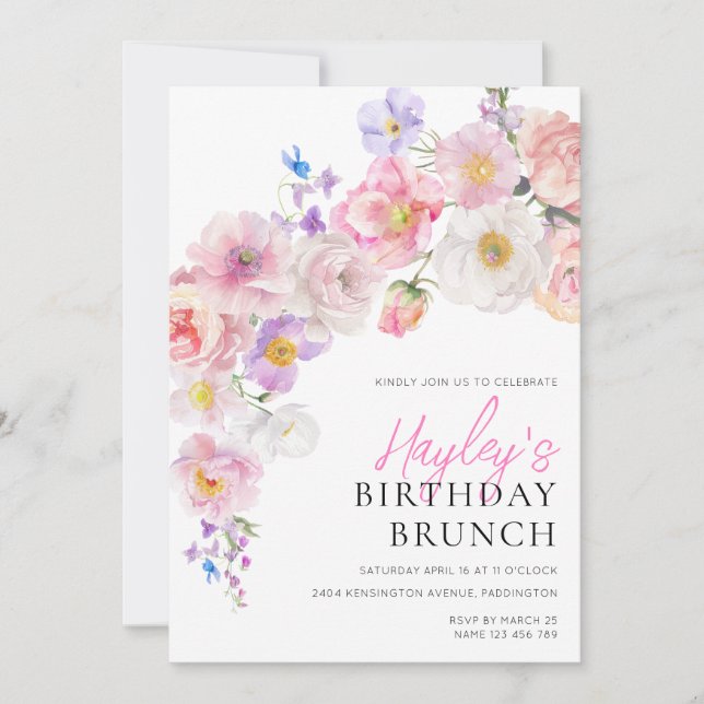 Invitation Eloise rose Floral Anniversaire Brunch (Devant)