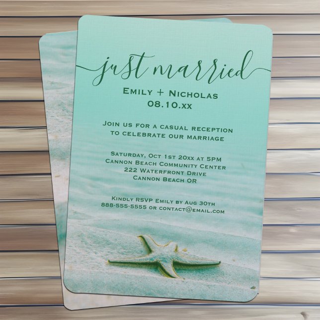 Invitation Eloped Aqua Starfish Beach Réception Party Côte (Starfish casual beach elopement reception party invitations with a coastal Summer beach theme)