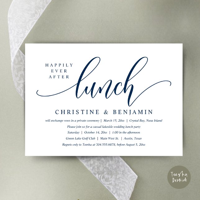 Invitation Élopement déjeuner pour toujours, scénario moderne (Happily Ever After Lunch, Modern Wedding Elopement Invitation Card, PDF, in navy Blue)
