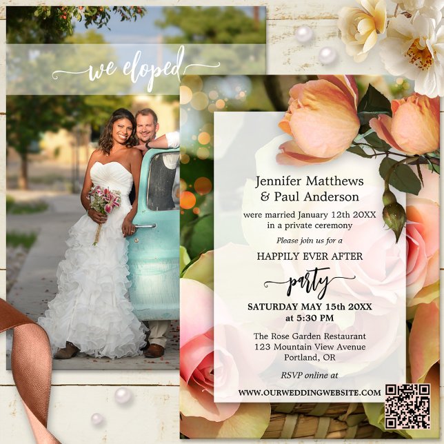 Invitation Elopement Heureux Jamais Après La Photo Mariage (Boho chic happily ever after wedding party invitation with photo, roses and QR code template)
