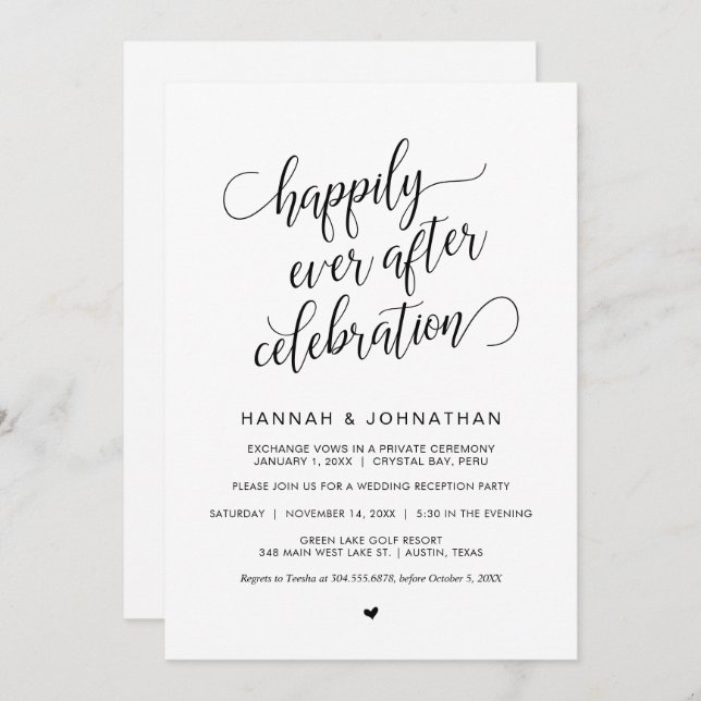 Invitation Elopement Mariage, calligraphie noir classique sim (Devant / Derrière)