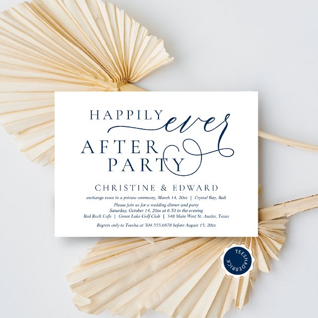 Invitation Elopement mariage, Heureusement Jamais Après La Fê (Wedding Elopement, Happily Ever After Party Invitation Card, Downloadable, Navy Blue Scheme, Classy)