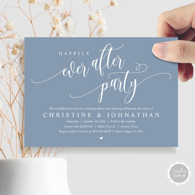 Invitation Elopement mariage, Heureusement Jamais Après La Fê (Wedding Elopement, Happily Ever After Party Invitation Card, Modern Contemporary, PDF, in Dusty Blue)