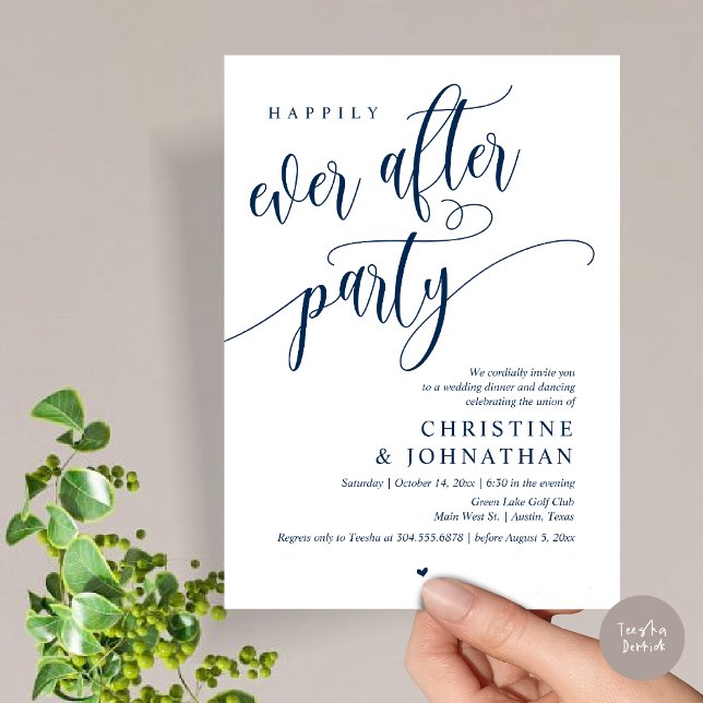 Invitation Elopement mariage, Heureusement Jamais Après La Fê (Wedding Elopement, Happily Ever After Party Invites Card, Modern Contemporary, PDF, Navy Blue)