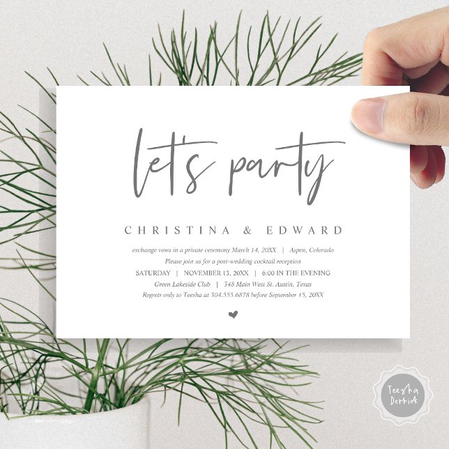 Invitation Elopement mariage, minimaliste moderne, laissez fa (Wedding Elopement, Modern Minimalist, let's party Invitation Card, in Dark Grey)