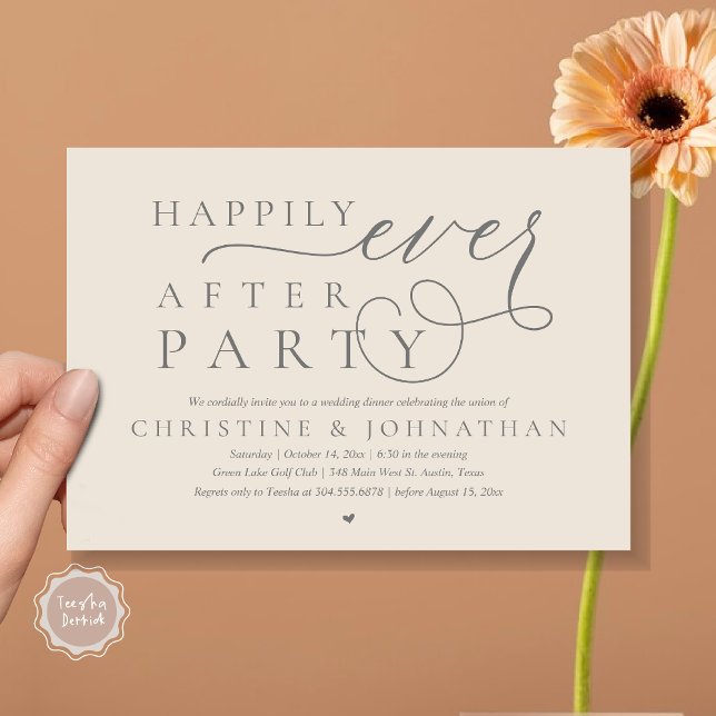 Invitation Elopement Mariage Moderne, Heureusement Jamais Apr (Modern Cute Wedding Elopement, Happily Ever After Party Invitation Card, PDF, in Dark Grey Cream)