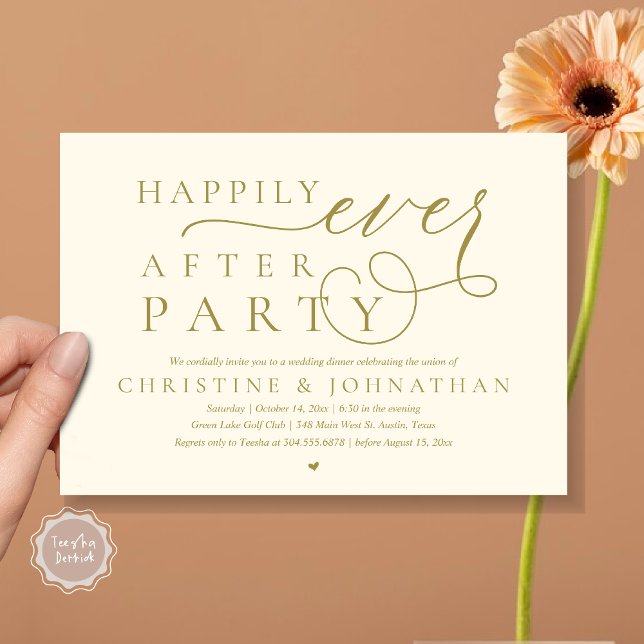 Invitation Elopement Mariage Moderne, Heureusement Jamais Apr (Modern Cute Wedding Elopement, Happily Ever After Party Invitation Card, PDF, in Yellow Gold)