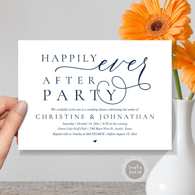 Invitation Elopement Mariage Moderne, Heureusement Jamais Apr (Modern Cute Wedding Elopement, Happily Ever After Party Invitation Card, PDF, in Navy Blue)