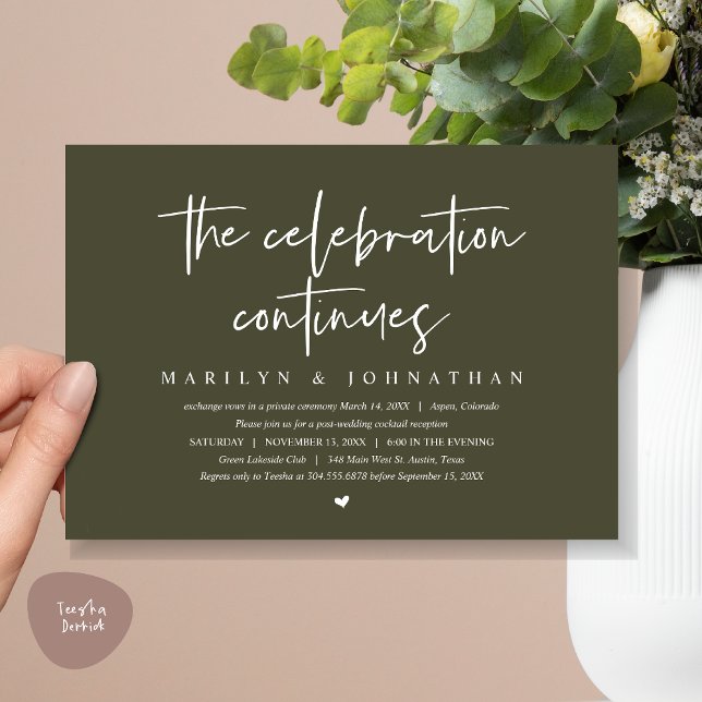 Invitation Elopement Mariage moderne la célébration continue (Wedding Elopement, Modern celebration continues Invitation Card, PDF, in Olive Green)