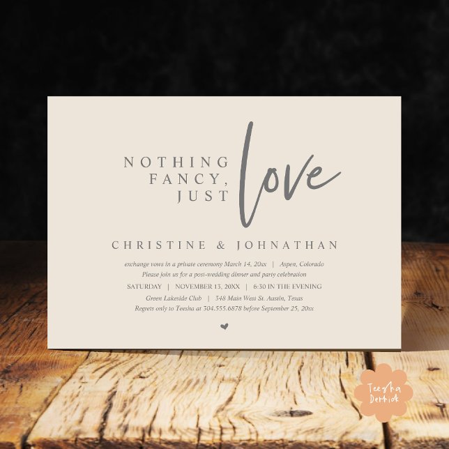 Invitation Elopement mariage, Rien De Chic, Juste Amour (Nothing Fancy Just Love Modern Casual Wedding Elopement Dinner Party Invitation Card PDF Cream Grey)