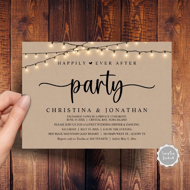 Invitation Elopement Mariage Rustique, Heureusement Jamais Ap (Rustic Wedding Elopement, Happily Ever After Party Invitation Card, PDF, String Lights Brown Kraft)